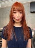 オレンジカラー　姫カット　ケアブリーチ　ダブルカラー　ロング
