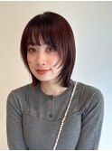 ぷつっとボブ　外ハネボブ　姫カットレイヤー　ワインレッド