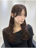 前髪ありくびれヘア夏アプリコットオレンジハイライトカラー