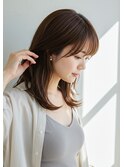 30代40代50代内巻きミディアムフェイスレイヤーブラウンカラー