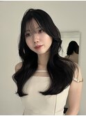 レイヤーカット韓国風巻き前髪顔周りカットセピアグレージュ