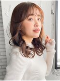 愛されデジタルパーマ斜めバング薄めバングモテ髪ブラウン
