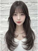 韓国レイヤーロング美髪グレージュアッシュリタッチ前髪
