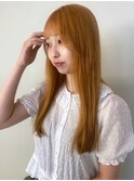 アプリコットオレンジ 顔周りカット 前髪 ブリーチ ハイトーン