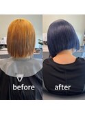 ブルーブラック　ケアブリーチ　ボブ　切りっぱなし