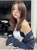 ミディアムレイヤー ハッシュカット ストレート ピンクブラウン