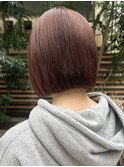 ボブ暖色カラーピンクブラウンカラーぱつっとボブ