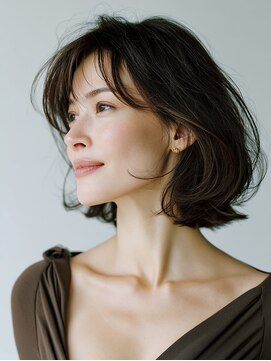 黒髪/クラゲヘアー/オリーブグレー/小顔/ココアベージュ/川西