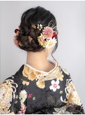 成人式振袖編み下ろしダウンヘアアレンジ黒/卒業式袴/和装前撮り
