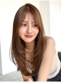 オリーブベージュロング前髪カット顔周りレイヤー_F31244