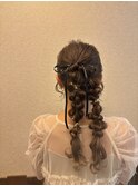 編みおろしパーティーヘアセット金箔リボン