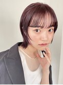 暗めピンク/赤髪/レイヤーボブ/フルバング/シースルー前髪