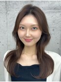 美髪カールピンクブラウン韓国レイヤーロングセミディ顔周り前髪