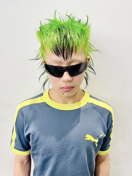 レコ 渋谷(LECO) ネオングリーン×ブラックデザインシャギーマレット