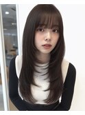 黒髪/グレーベージュ/レイヤーロング/前髪パーマ[新宿駅]
