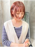 ボブ　顔まわりカット　ぱっつん　暖色　オレンジ　ピンク　赤　