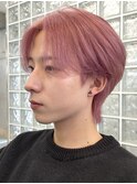 韓国メンズピンクベージュミルクティーカラーセンターパートヘア