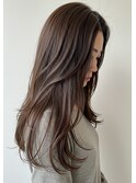 ロングレイヤー30代40代50代かきあげヘアゆる巻き寒色系ブラウン