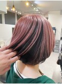 Goofy銀座/逆インナーカラー/前髪ありボブ/ピンクベージュ