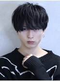 ナチュラルセットマッシュ黒髪パーマツーブロック刈り上げスーツ