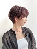 大人ショートヘア ピンクベージュ ハイライト 丸顔面長  K0601