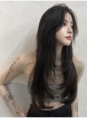 韓国ヘアロングレイヤーカットハッシュカット暗髪グレージュ原宿