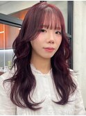 ダブルカラーチェリーレッドピンクブラウン韓国レイヤーロング