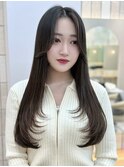 韓国レイヤーカットくびれヘア顔周り前髪カットワンホン黒髪小顔