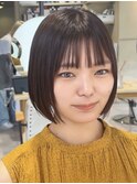 (ミニボブ/縮毛矯正/ぱっつん前髪/小顔/ピンクブラウン)