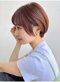 大人ショート 前髪ありオレンジチョコレートベージュ丸顔 A517