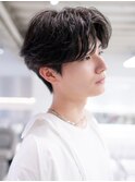 韓国マッシュダークアッシュニュアンスパーマメンズカット黒髪