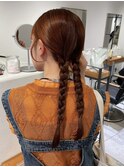 オレンジカラー×三つ編み