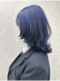 #ネイビーブルー/10代/20代/ミディアムウルフ/寒色カラー