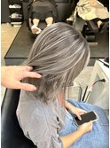 前髪ハイライトカラーこなれミディイメチェンウェーブパーマ
