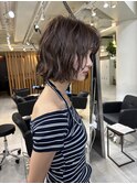 ミディアムパーマデジタルパーマボブパーマチェリーブラウン前髪