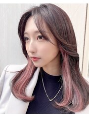 韓国ヘア☆ツートン、インナーカラーピンク/顔まわり小顔カット