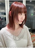 アプリコットオレンジ暖色ボブ姫カットレイヤーワイドバング小顔