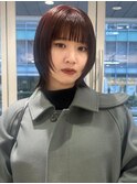 ウルフカットミディアムフルバング前髪暖色チェリーレッドカラー