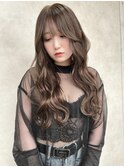 前髪ありロング×深みのあるグレージュ　韓国/波巻き