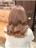 ピンクベージュ/くびれヘア/セミロング/韓国っぽヘア/ハイトーン