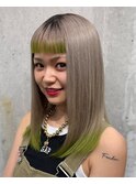 眉上バングレイヤーミルクティーエンドカラーアースグリーン
