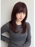 ミディアムレイヤー/チェリーブラウン/顔まわりレイヤー/艶髪/