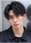 無造作アップバングソフトツイストパーマビジネスヘア