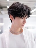 韓国マッシュダークアッシュニュアンスパーマメンズカット黒髪