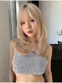 韓国風サイドバング艶感くびれ外ハネミディアムヘア