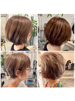 【ショート×脱白髪染め】で、白髪染めを使わず、明るいカラーや細めハイライトで白髪を活かすヘアに☆