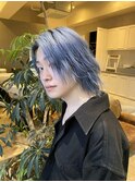 スモーキーブルー　くすみカラー　ブリーチ　メンズミディアム