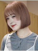 ベージュ　ボブ　切りっぱなし　チェリーピンク　デジタルパーマ