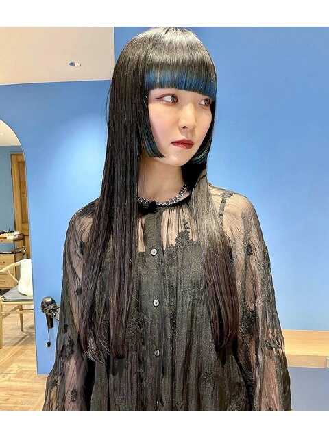 姫カット×裾カラー/黒髪ロング/インナーカラー/グラデーション