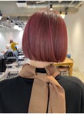ボルドー　レッド　ピンク　ぱつっとボブ　